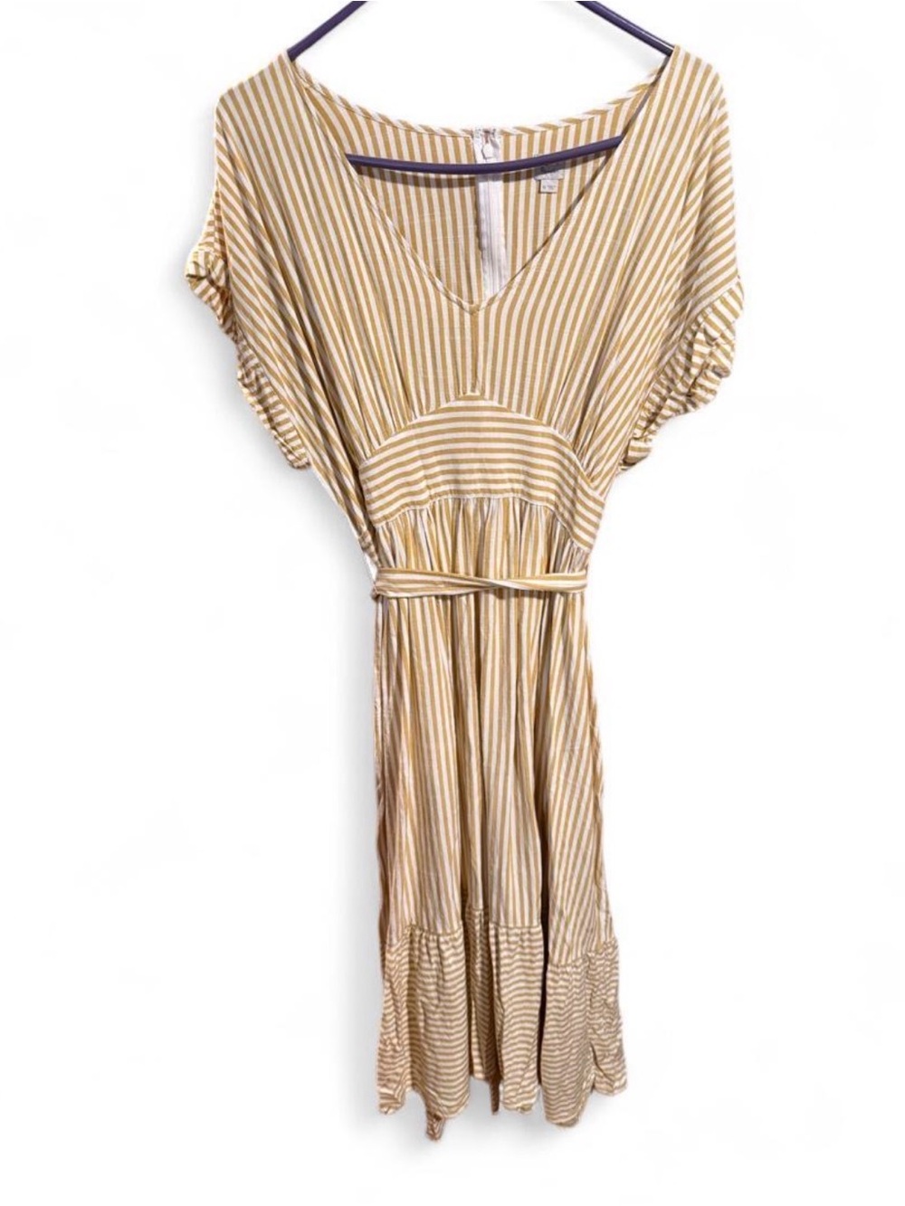LOFT Striped V-Neck Midi Dress in Beige and White